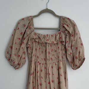 Beige Floral Puff-Sleeve Smocked Midi Dress